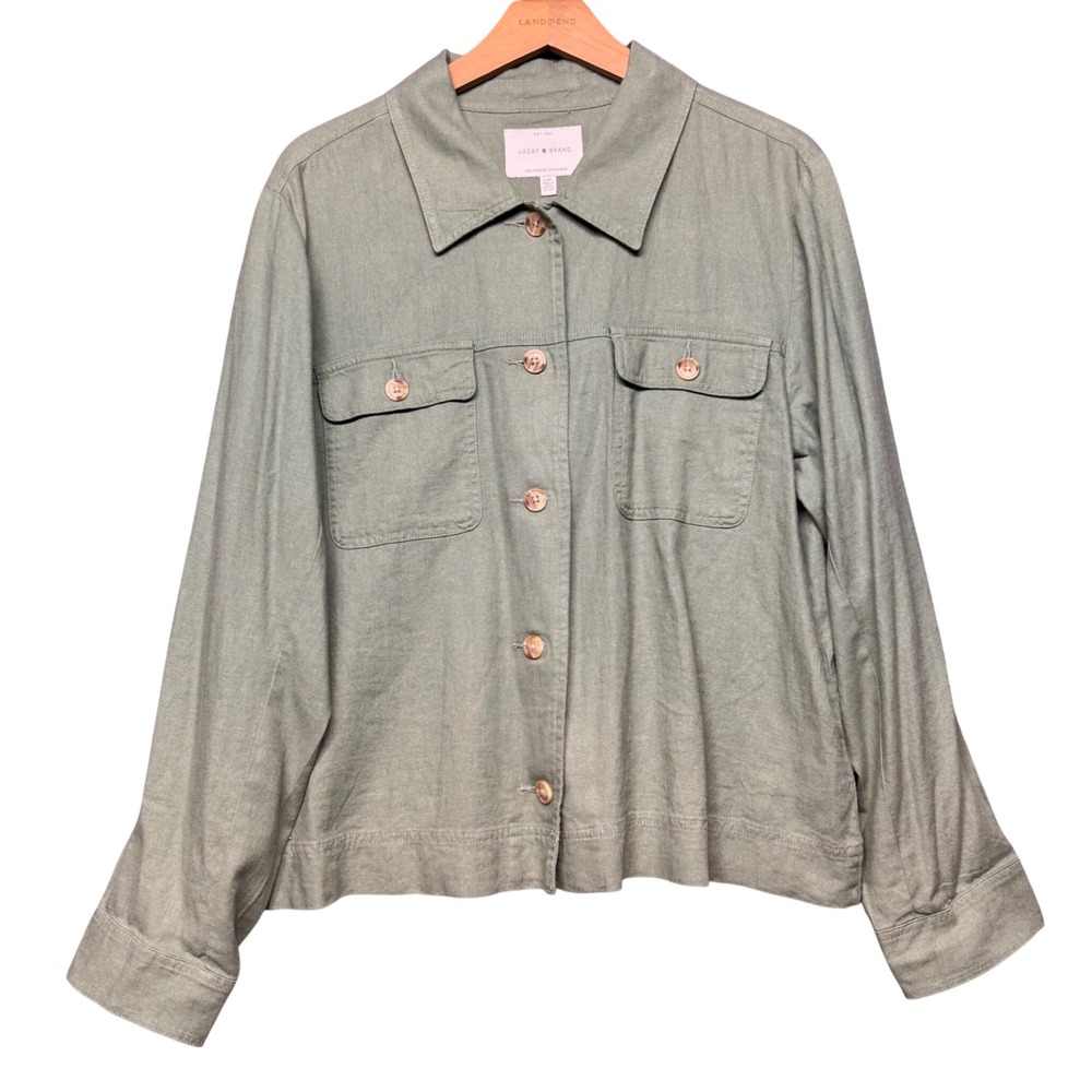 Lucky Brand Linen Blend Button Down Utility Shirt Jacket L Green Lightweight
